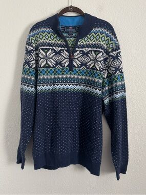 Vineyard Vines Men's Size XL Blue Wool Blend Fair Isle Nordic 1/4 Zip Sweater
